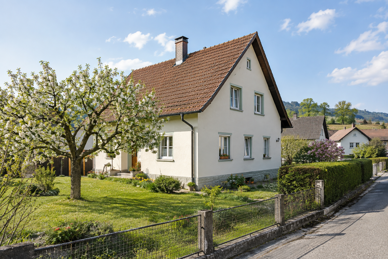 Ein österreichisches Wohnhaus mit Garten an einem sonnigen Tag